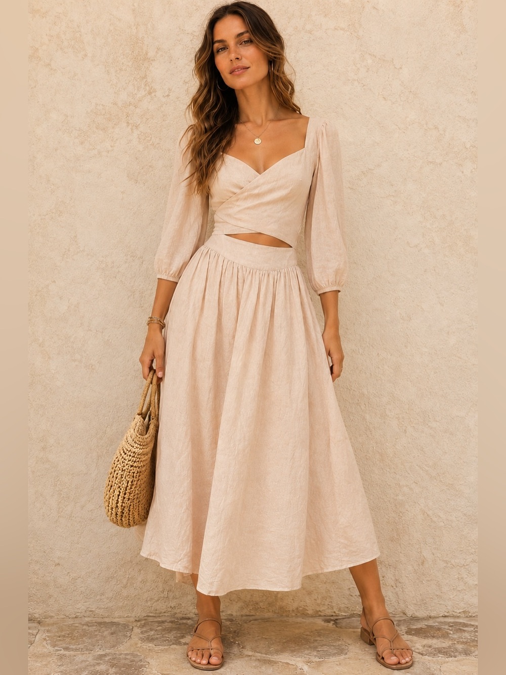 O.P.T. Fara Wrap Front Cutout Boho 3/4 Sleeve Midi Dress size XS